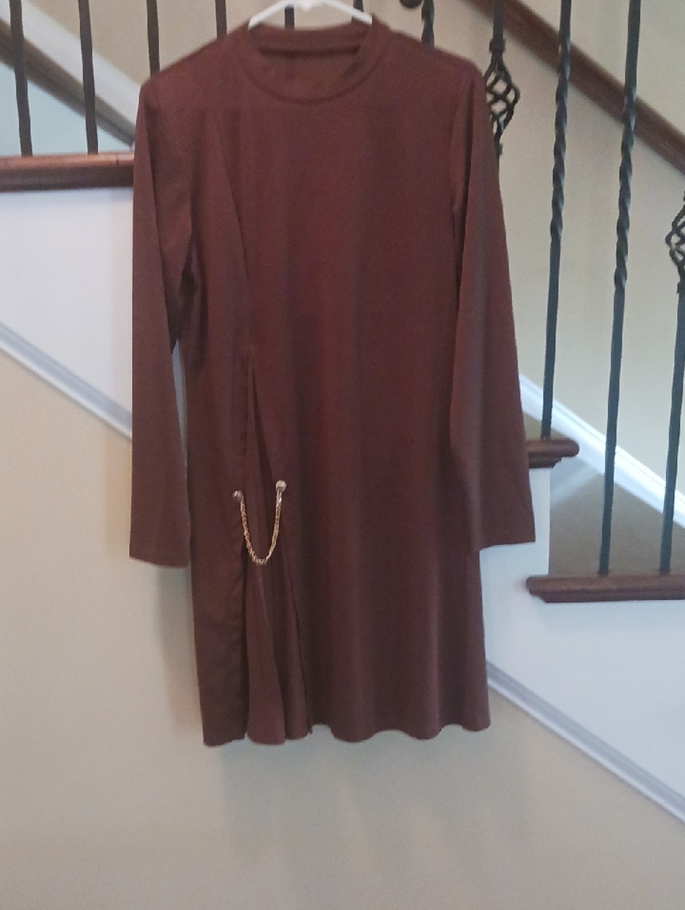 Brown Long Sleeve Shift Dress with Gold Chain Detail/ New,no Tags